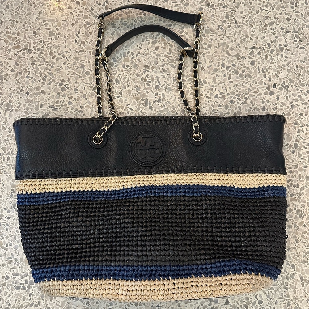 Tory Burch Black/Blue/Cream Woven Tote — Luxe Multi-Color Woven Tote Tory Burch